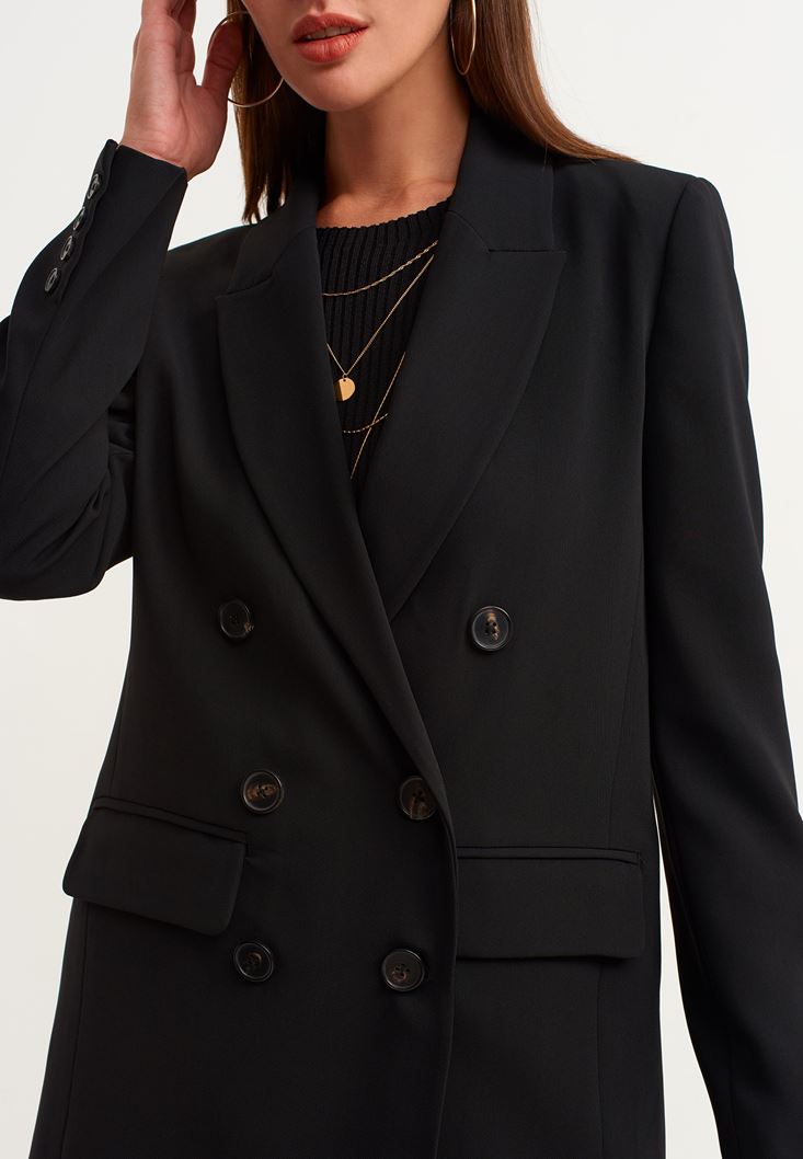 Bayan Siyah Vintage Etkili Boyfriend Blazer Ceket 
