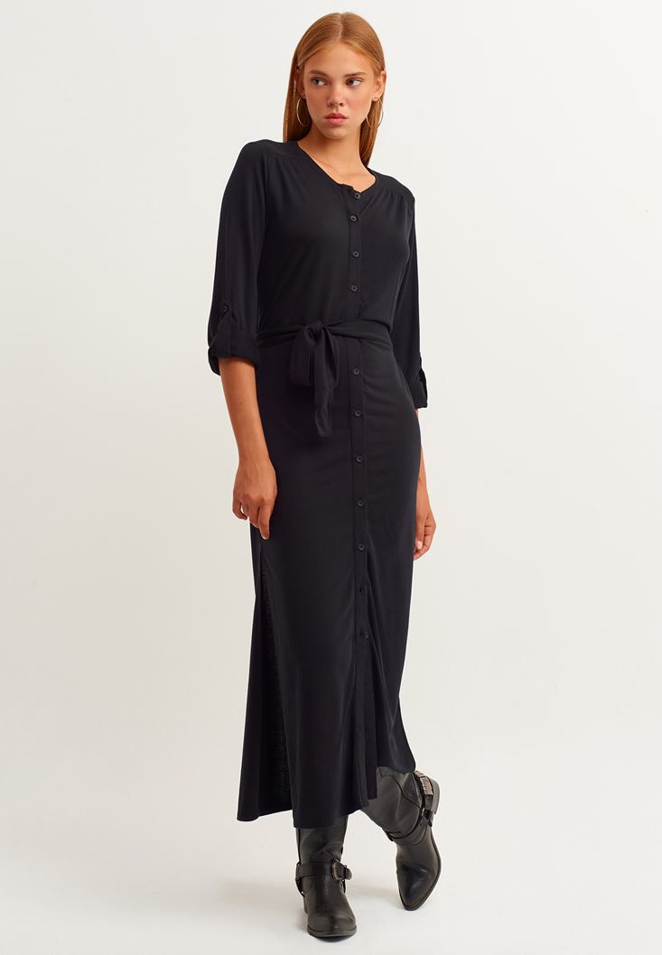 Bayan Siyah Casual Kuşaklı Uzun Elbise ( TENCEL™ )