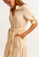 Bayan Bej Nature Friendly Kemerli Midi Elbise ( TENCEL™ )