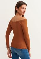Bayan Kahverengi Off-Shoulder Uzun Kollu Bluz