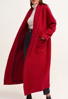 Bayan Kırmızı Wool Blend Uzun Cepli Kaban
