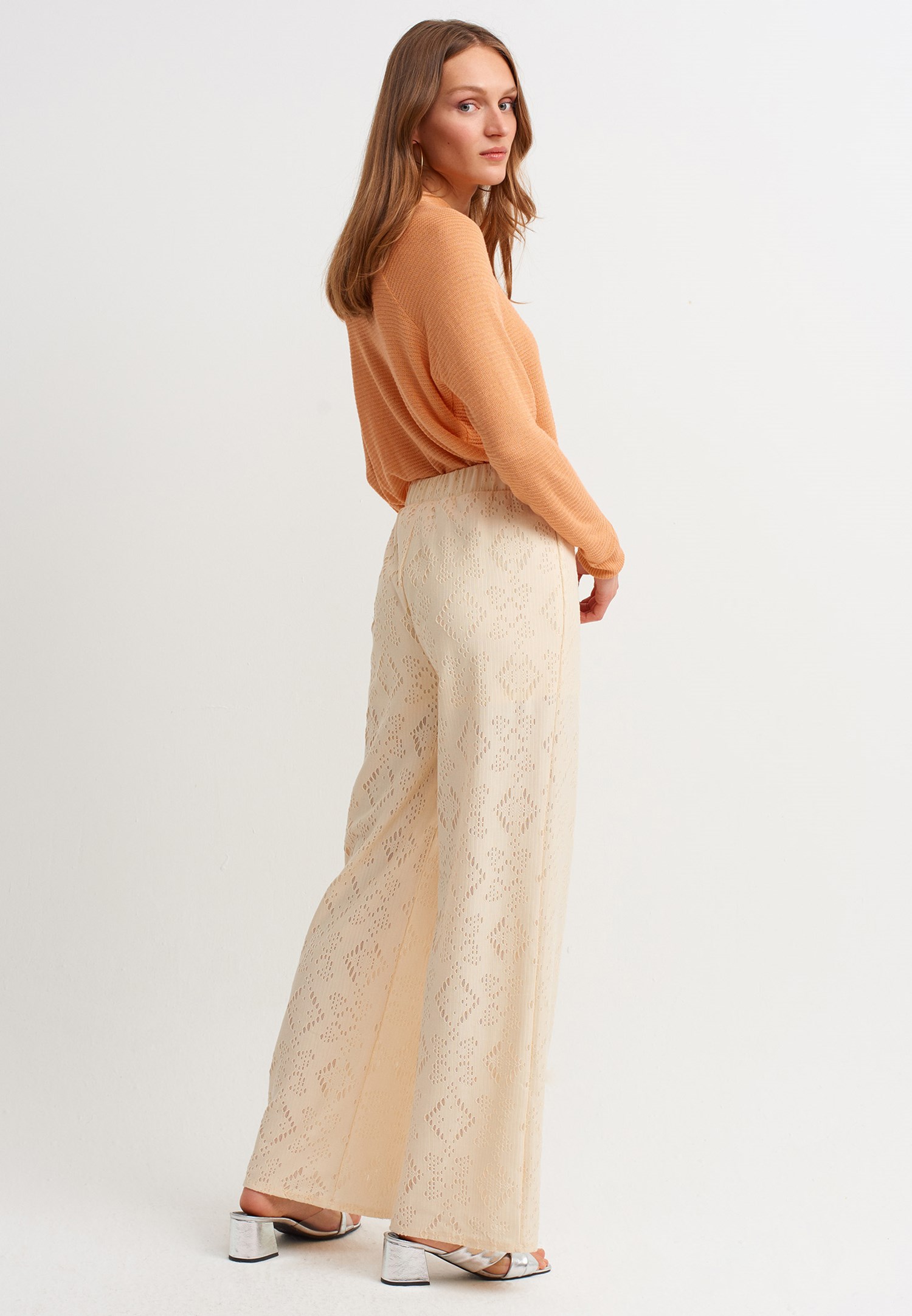 Women Beige Wide Pants with Button Details