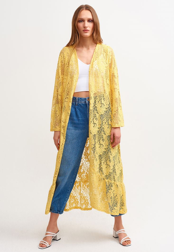Bayan Sarı Dantel Detaylı Kimono