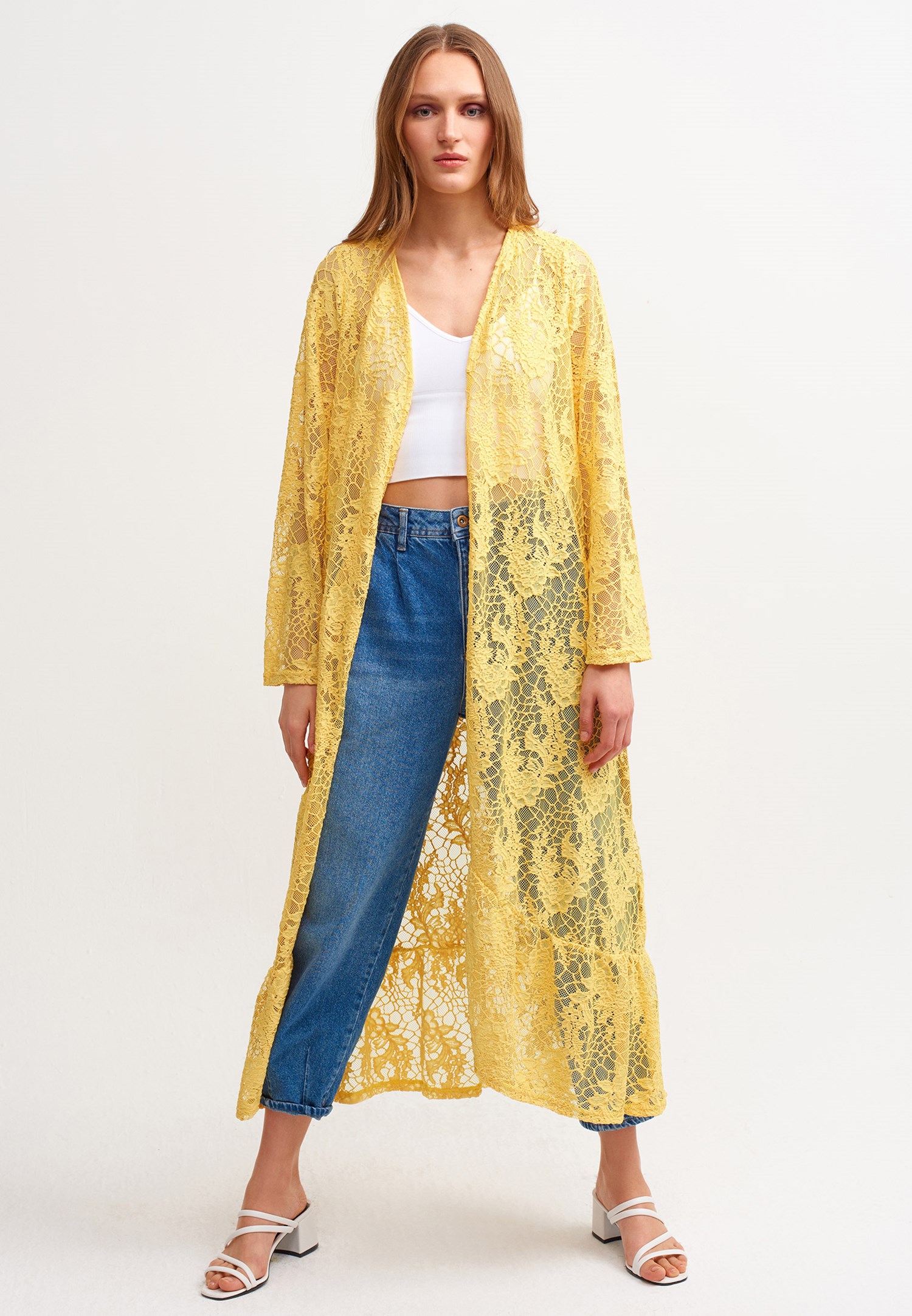 Women Yellow Kimono with Lace Detail