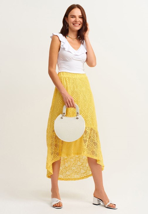 Yellow Midi Skirt with Romantic Lace Detail 