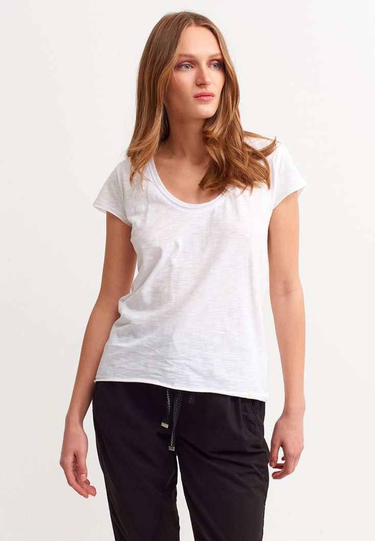 Women White U-Neck Cotton T-Shirt
