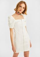 Bayan Beyaz Fermuar Detaylı Mini Denim Elbise