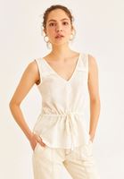 Women Cream V-Neck Linen Tank