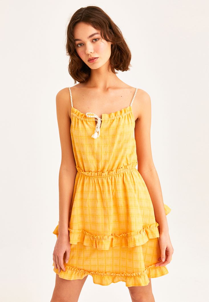 Bayan Sarı Fırfır Detaylı Mini Elbise