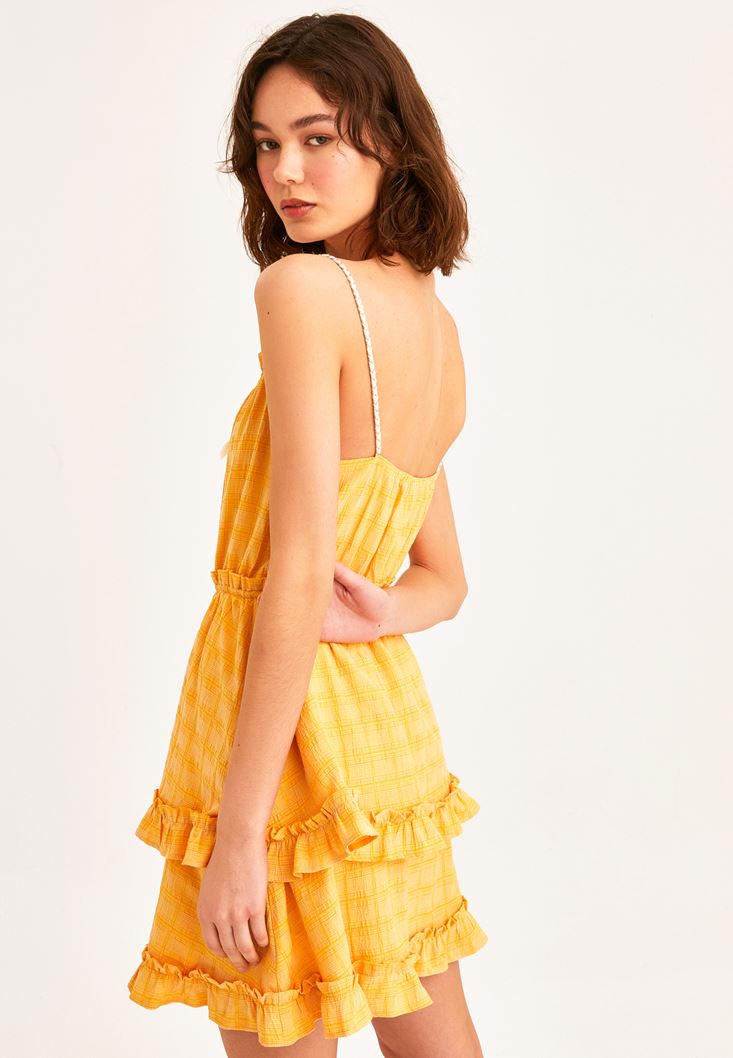 Bayan Sarı Fırfır Detaylı Mini Elbise