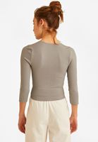 Women Grey V-Neck Seamless Long Sleeve T-Shirt