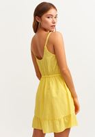 Bayan Sarı İnce Askılı Fırfırlı Mini Elbise
