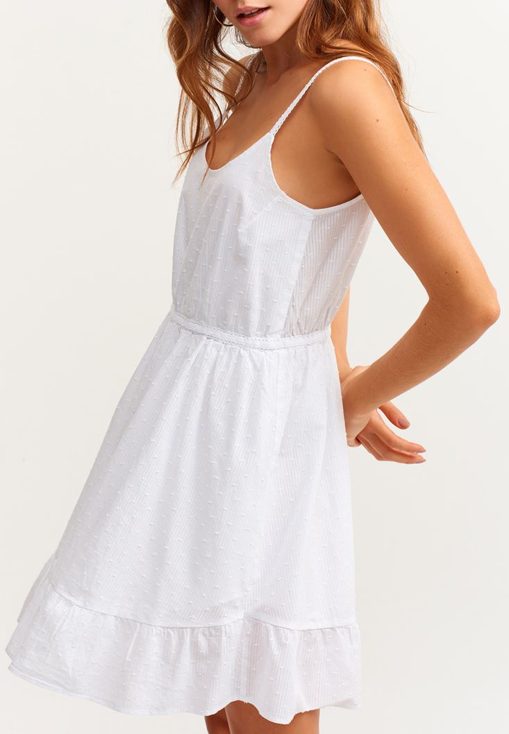 Bayan Beyaz İnce Askılı Fırfırlı Mini Elbise