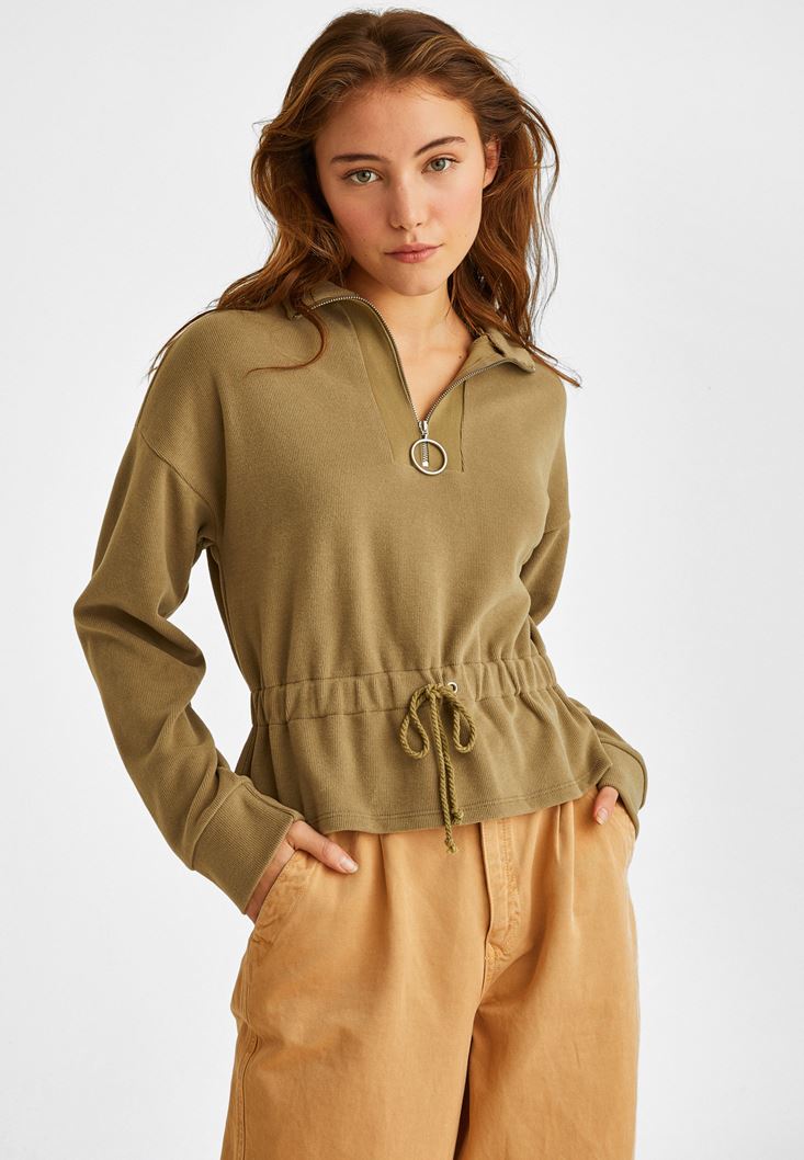 Women Green Zip Detailed Pullover