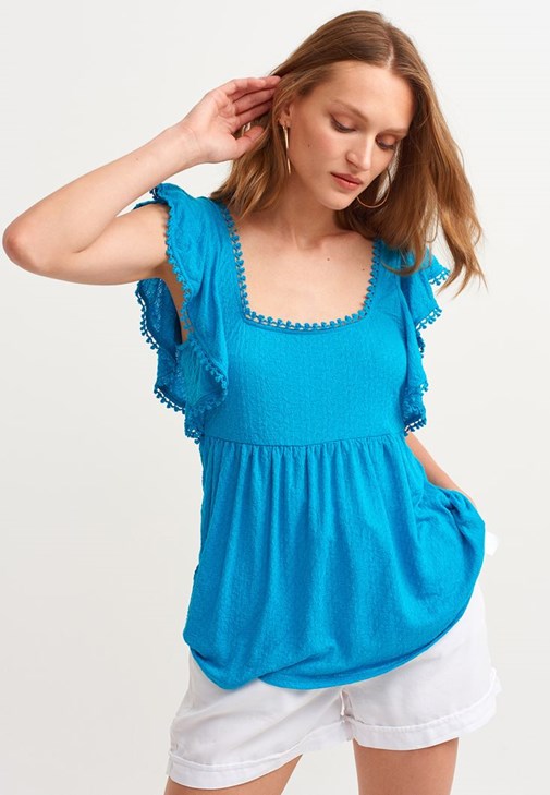 Blue Square Neck Blouse with Ruffle Detail 