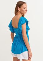 Women Blue Square Neck Blouse with Ruffle Detail