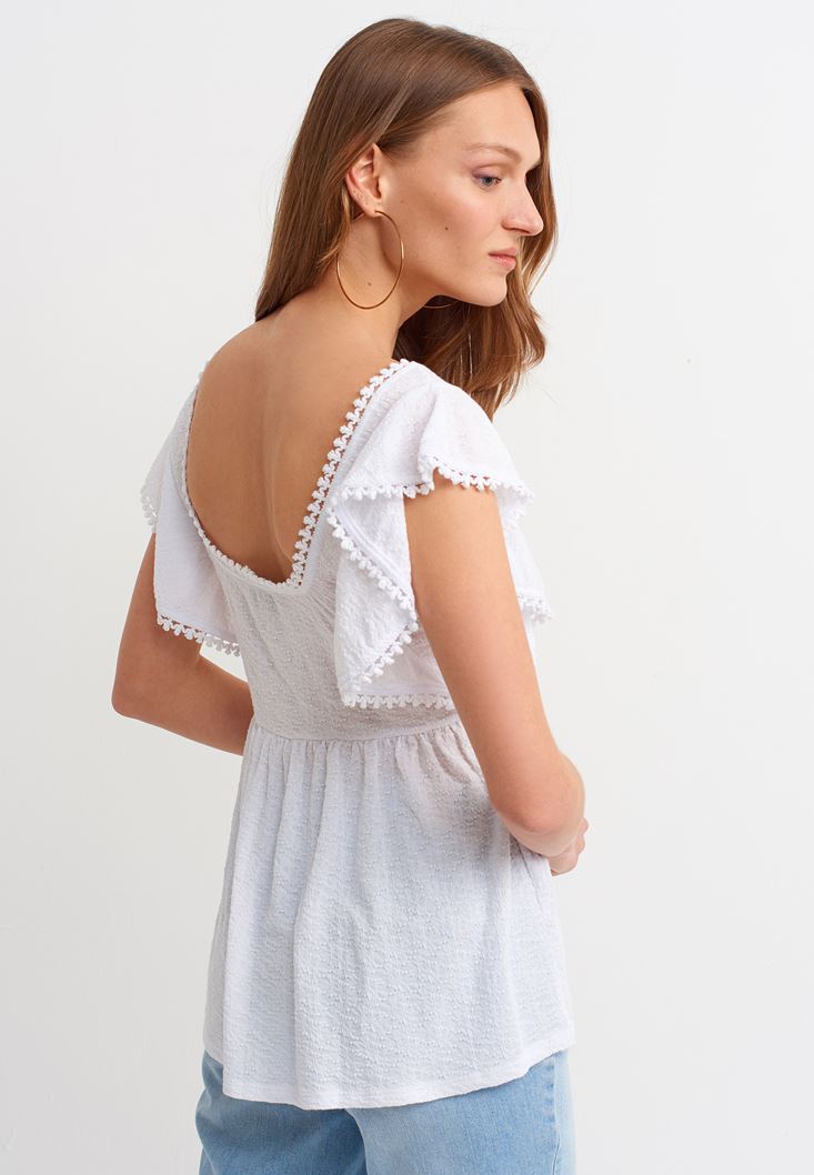 Women White Square Neck Blouse with Ruffle Detail