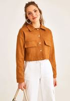 Women Brown Suede Crop Long Sleeve Jacket