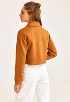 Women Brown Suede Crop Long Sleeve Jacket