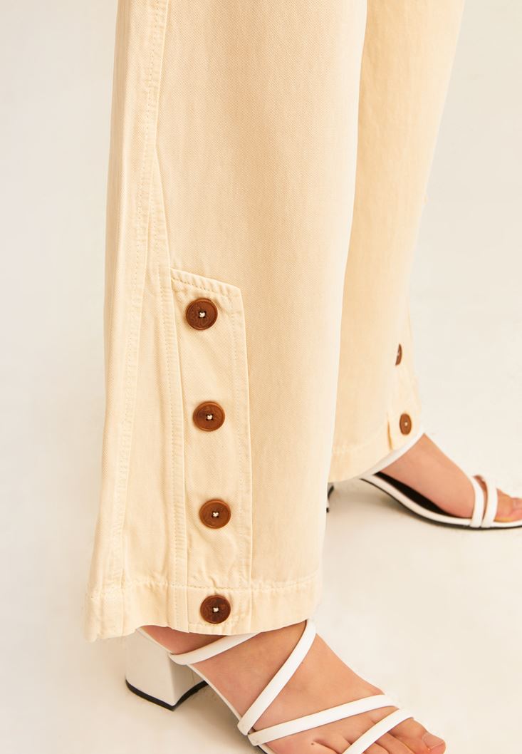 Bayan Bej Yüksek Bel Düğme Detaylı Bol Pantolon ( TENCEL™ )