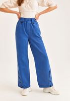 Bayan Mavi Yüksek Bel Düğme Detaylı Bol Pantolon ( TENCEL™ )