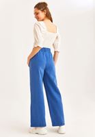 Bayan Mavi Yüksek Bel Düğme Detaylı Bol Pantolon ( TENCEL™ )