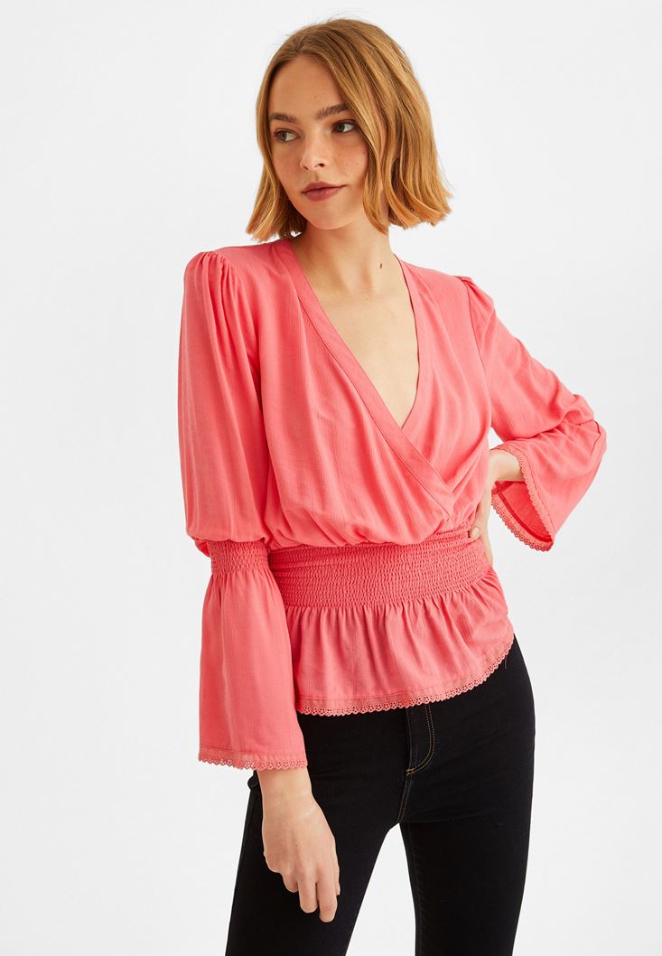 Pink Lace Detailed Double Breasted Blouse Online Shopping | OXXOSHOP