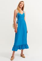 Bayan Mavi Romantik Nakışlı Midi Elbise