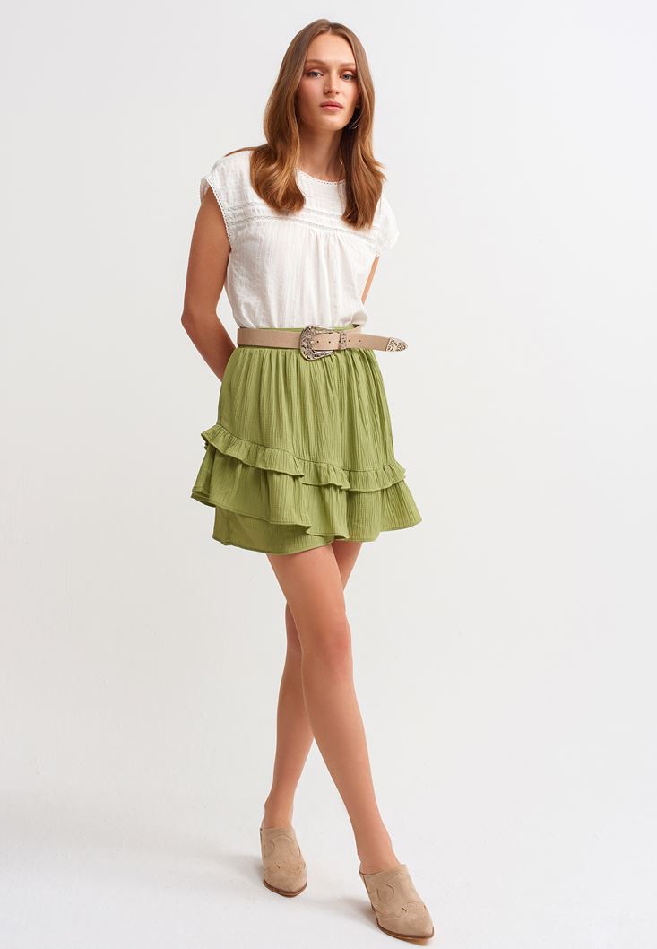 Women Green Mini Skirt with Ruffle Details