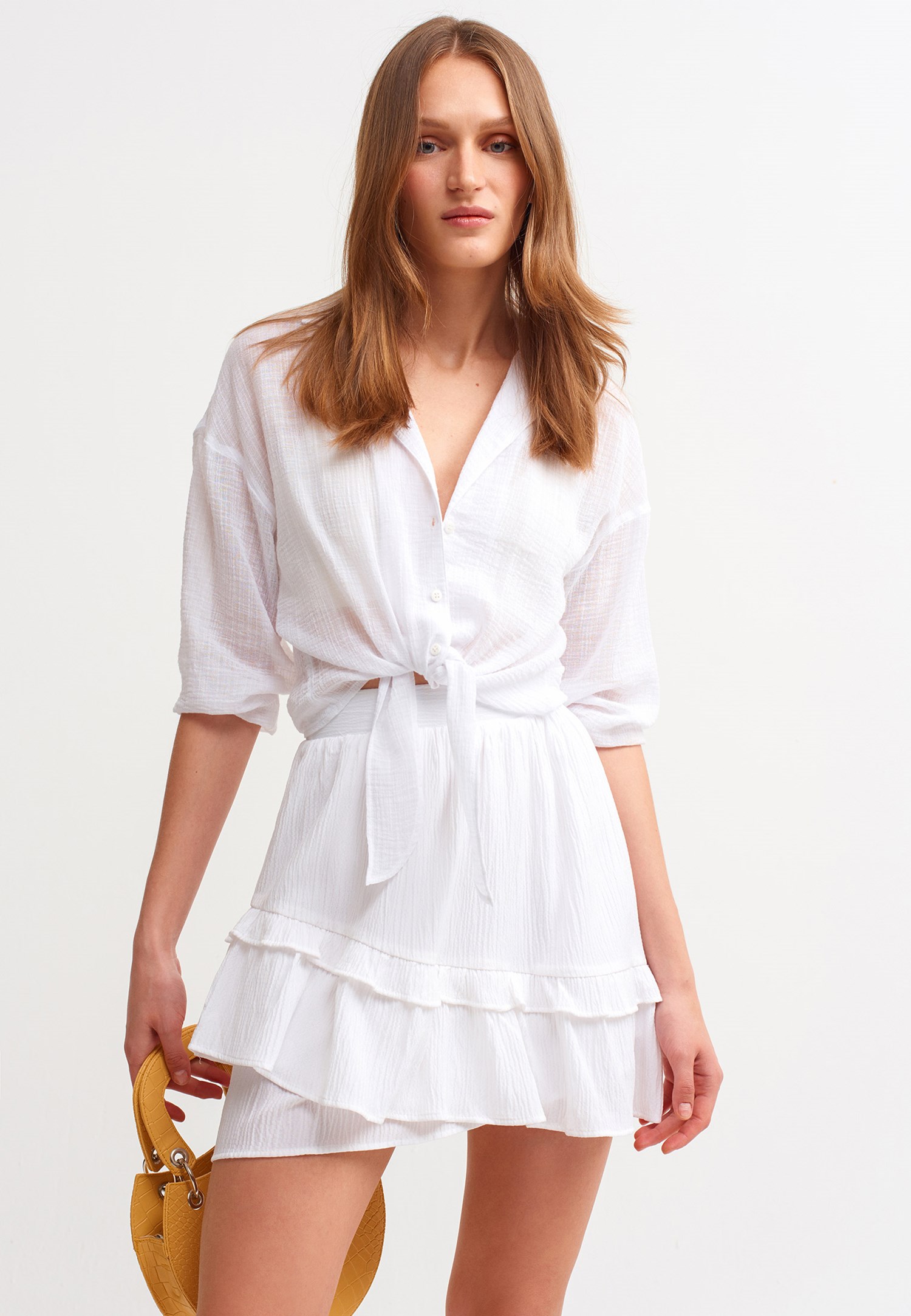 Women White Mini Skirt with Ruffle Details