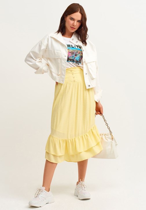 Yellow Midi Skirt With Slit Detail 