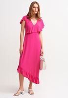 Women Pink V-Neck Asymmetric Dress