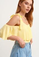 Bayan Sarı Bağlama Detaylı Crop Bluz