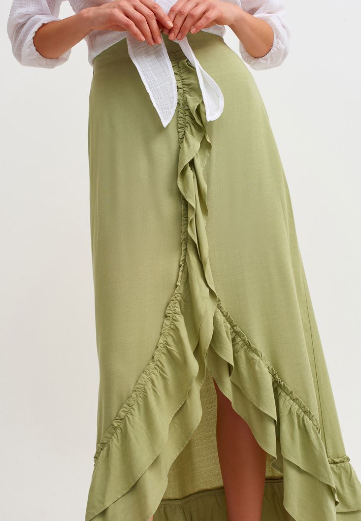 Women Green Ruffle Detail Midi Skirt