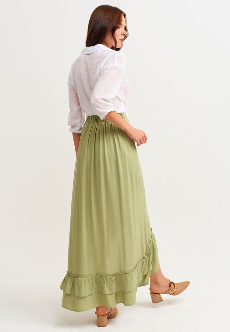 Women Green Ruffle Detail Midi Skirt