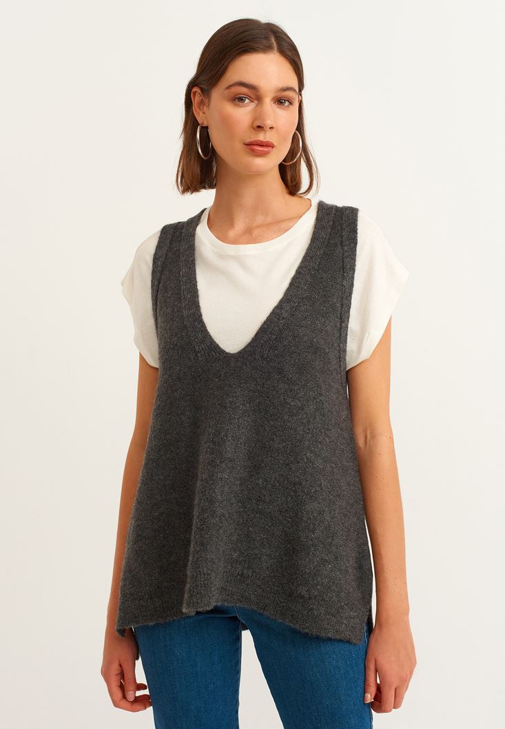 Grey V-neck Knitwear Pullover Online Shopping | OXXOSHOP