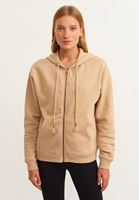 Women Beige Hooded Cotton Sweatshirt with Zip Closure