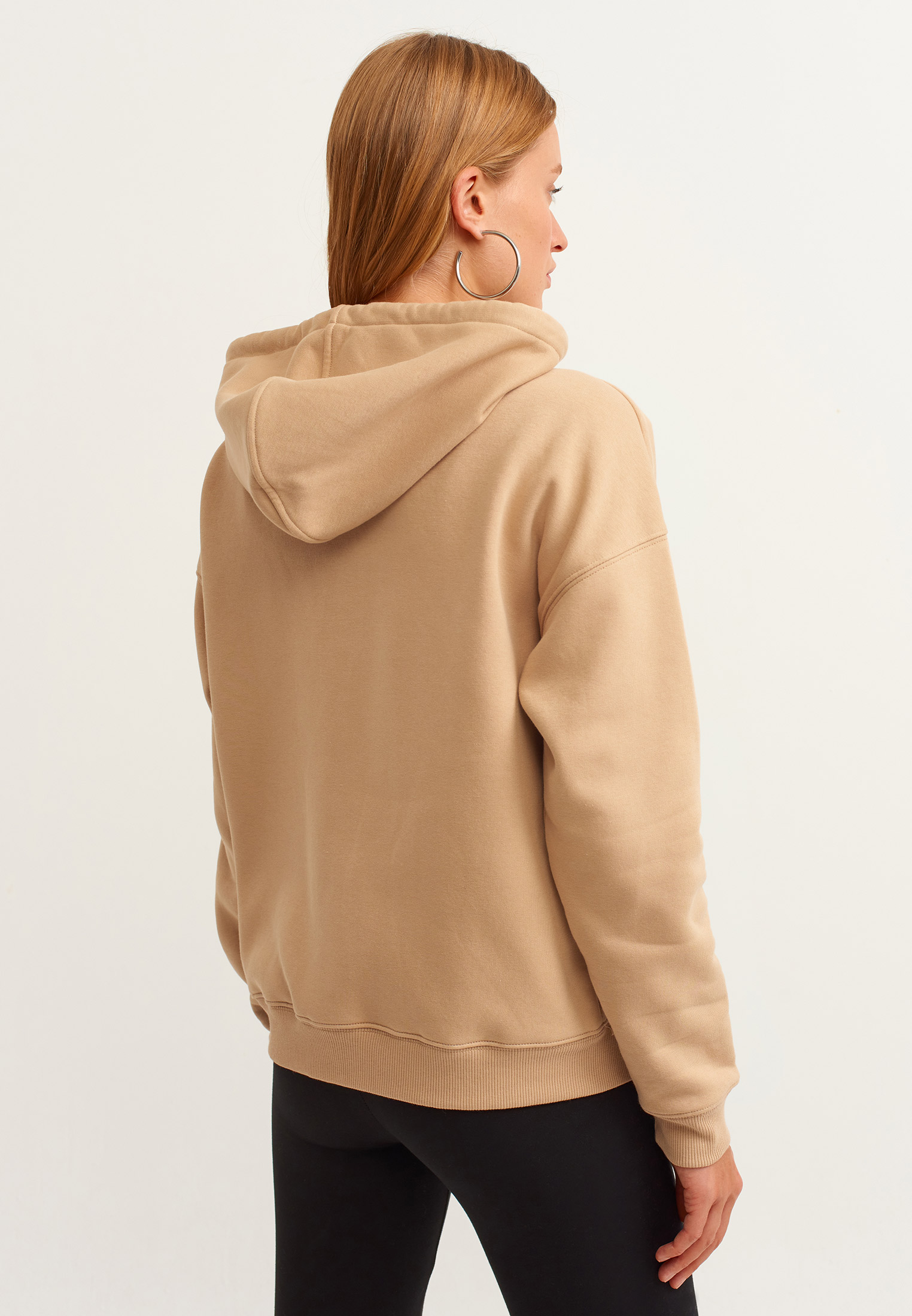 Women Cream Hooded Cotton Sweatshirt with Zip Closure