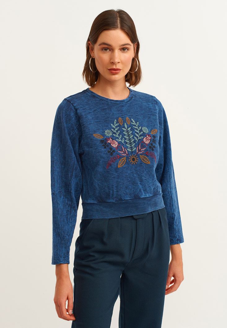 Bayan Mavi Nakışlı Crop Sweatshirt