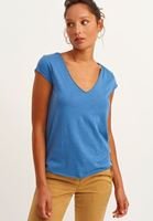 Women Blue Cotton v-neck tshirt