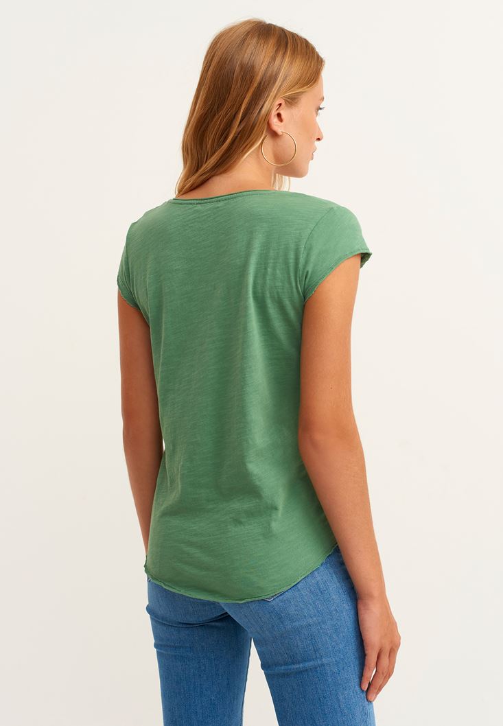 Bayan Yeşil Pamuklu V-Neck Tişört