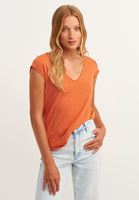 Women Orange Cotton v-neck tshirt