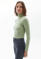 Bayan Yeşil Balıkçı Yaka Uzun Kollu Tişört