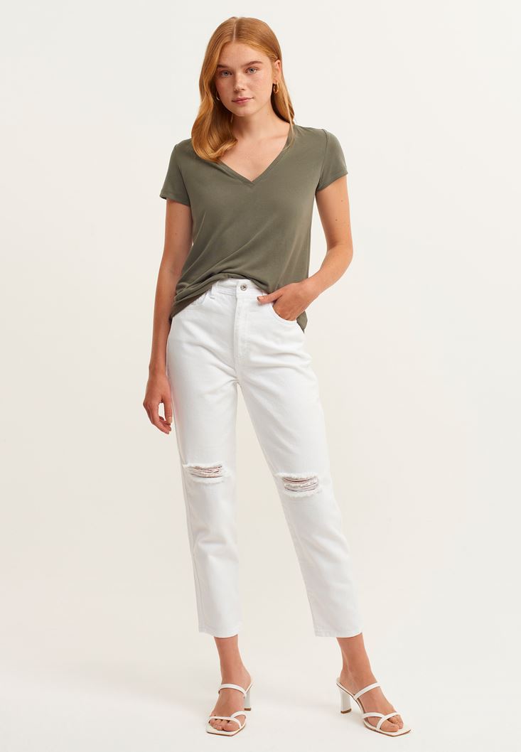 Bayan Beyaz Cut-Out Detaylı Mom-Fit Pantolon ( TENCEL™ )