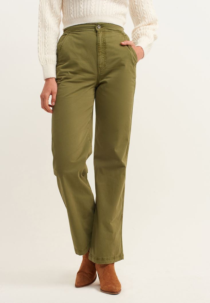 Bayan Yeşil Yüksek Bel Wide-Leg Pantolon