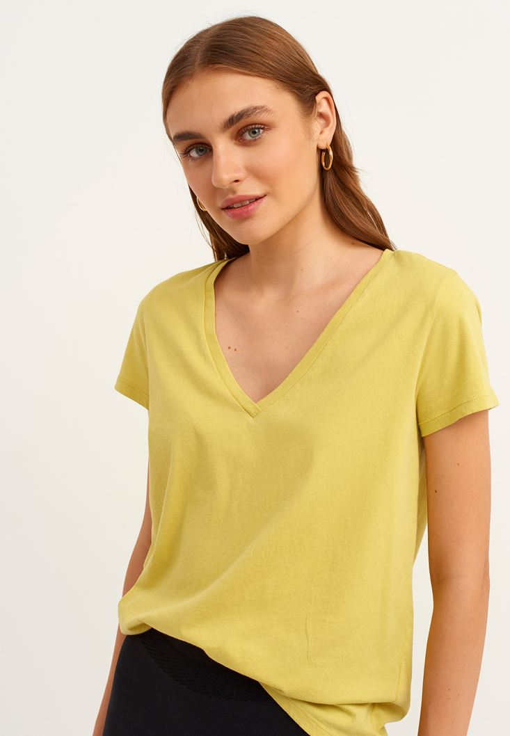 Bayan Sarı Pamuklu V-Neck Tişört