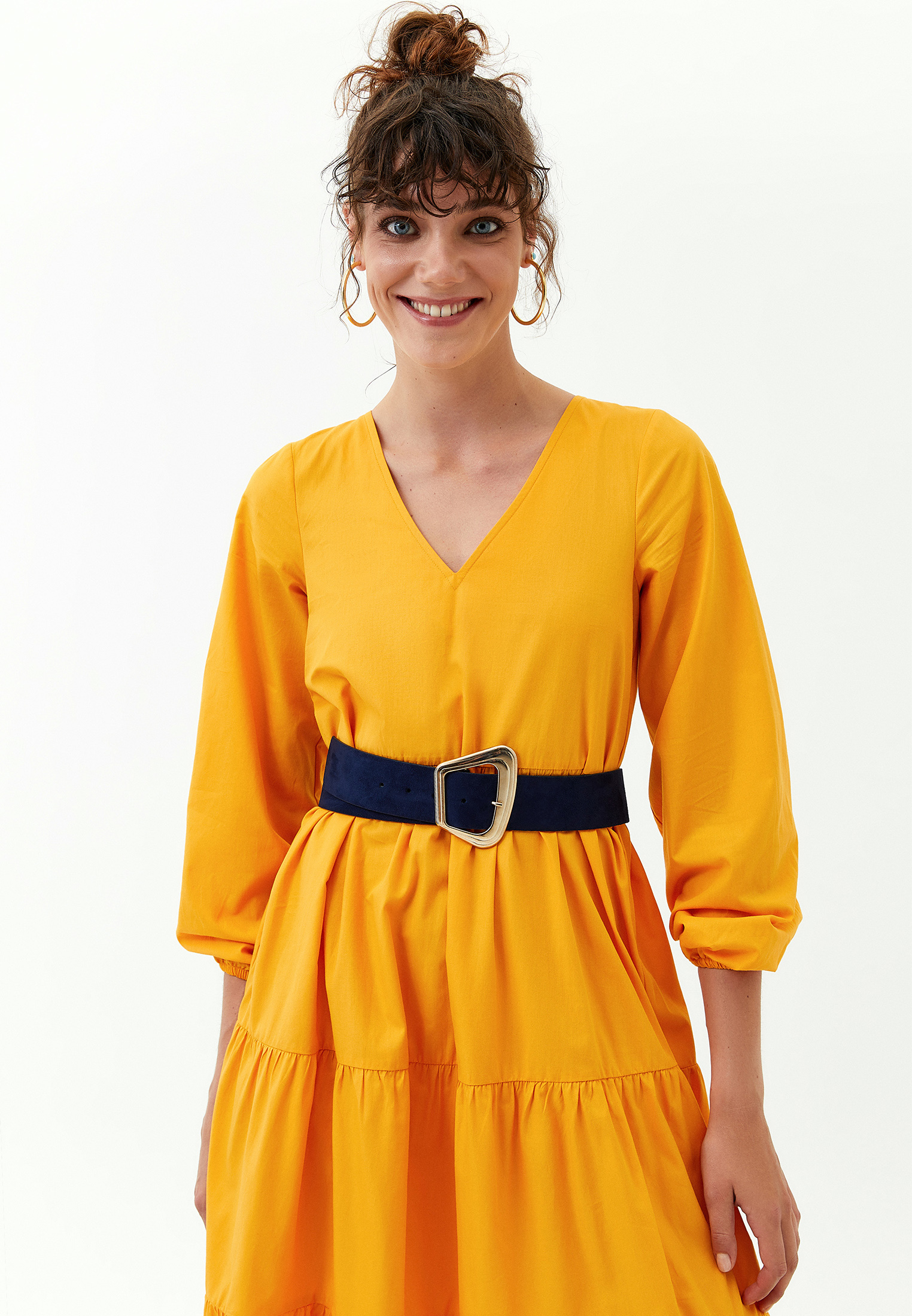 Women Orange V-neck ruffle midi dress