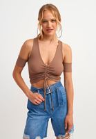 Women Brown V-neck Crop Top with Gathered Details