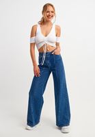 Women White V-neck Crop Top with Gathered Details