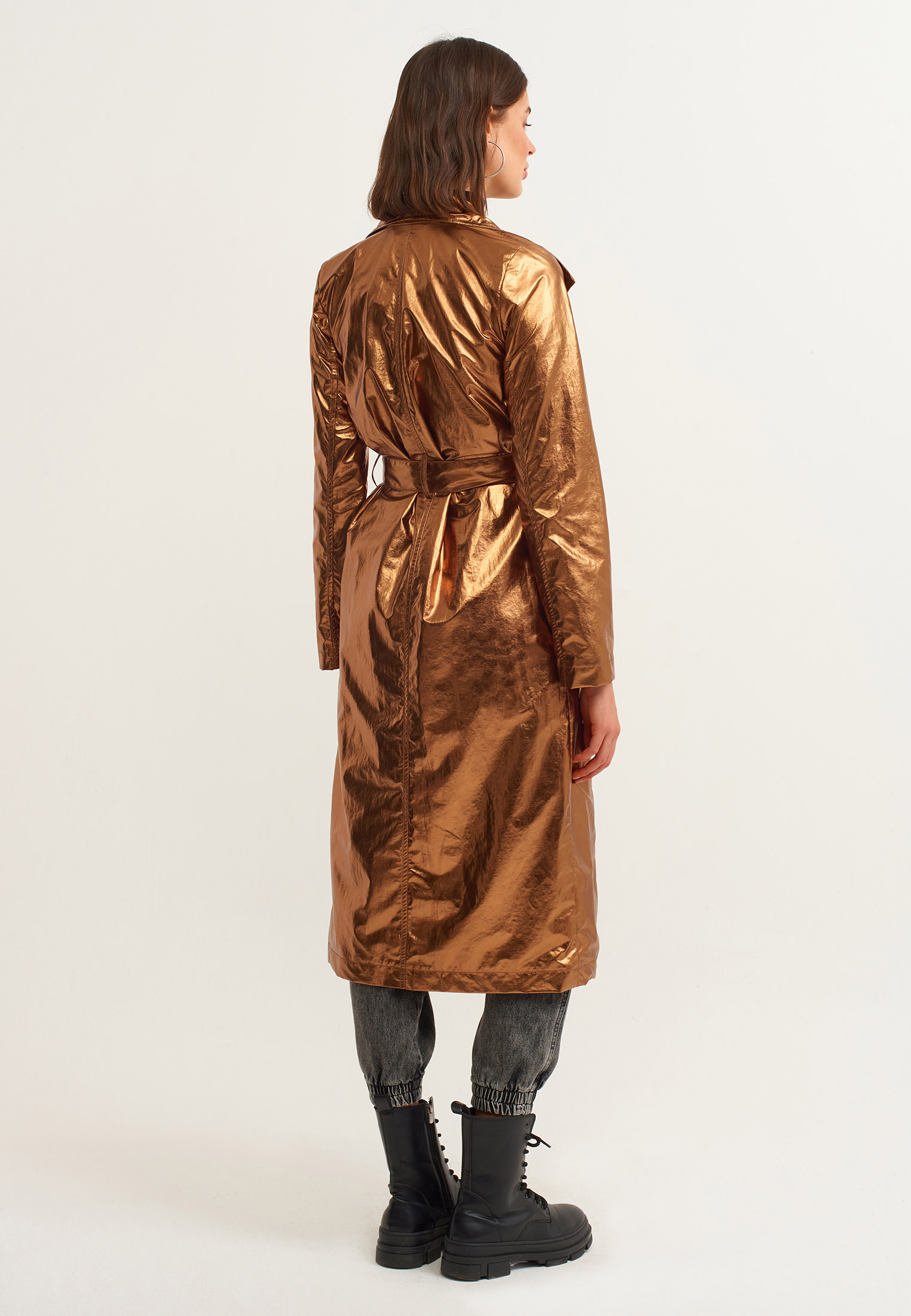Women Brown Casual Raincoat with Belt and Pockets